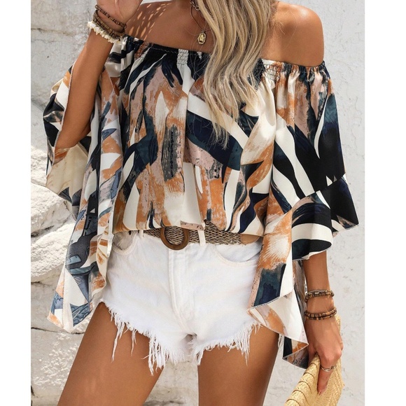 Boho Brush Strokes Print Off Shoulder ruffle Sleeve Blouse - Picture 1 of 6